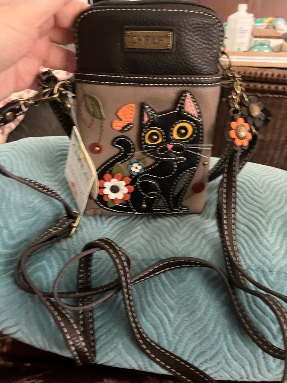 Chala Black & Taupe Cat Applique Crossbody Bag